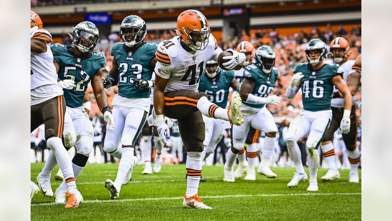 Philadelphia Eagles running back Boston Scott plays against the Cleveland  Browns in the first half during an NFL preseason football game in  Cleveland, Sunday, Aug. 21, 2022. (AP Photo/Ron Schwane Stock Photo 