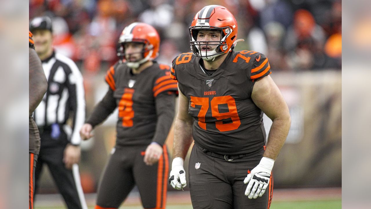 Cleveland Browns offensive guard Drew Forbes (79) lines up during an NFL  preseason football game against