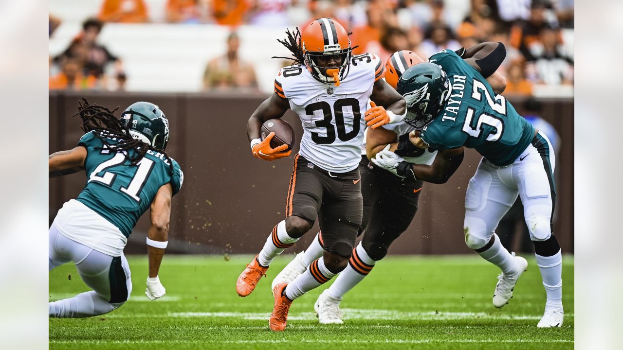 Philadelphia Eagles running back Boston Scott plays against the Cleveland  Browns in the first half during an NFL preseason football game in  Cleveland, Sunday, Aug. 21, 2022. (AP Photo/Ron Schwane Stock Photo 