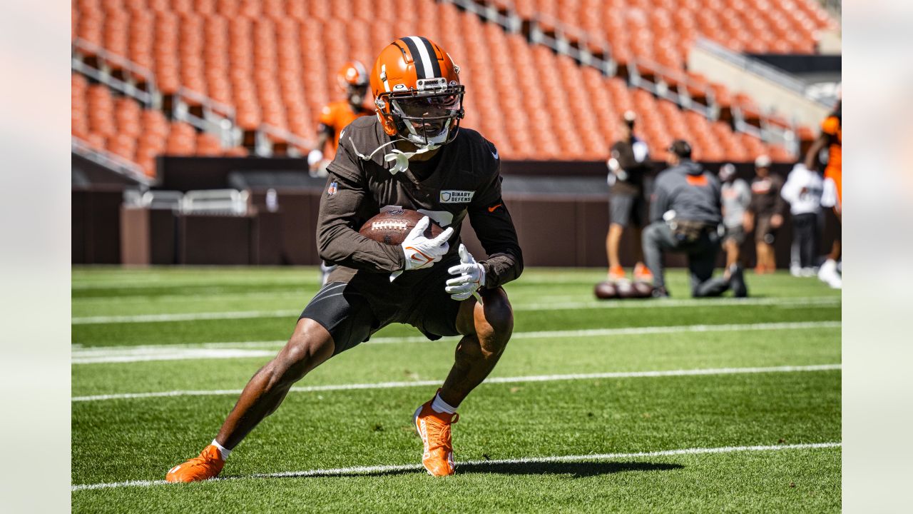 Cleveland Browns cornerback Michael Jordan catches a pass during NFL  football training camp, Thursday, July 26, 2018, in Berea, Ohio. (AP  Photo/Tony Dejak Stock Photo - Alamy