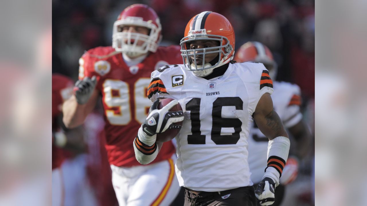 Cleveland Browns wide receiver Josh Cribbs (16) runs for a touchdown during  the NFL football game between the Kansas City Chiefs and the Cleveland  Browns at Arrowhead Stadium in Kansas City, Missouri.