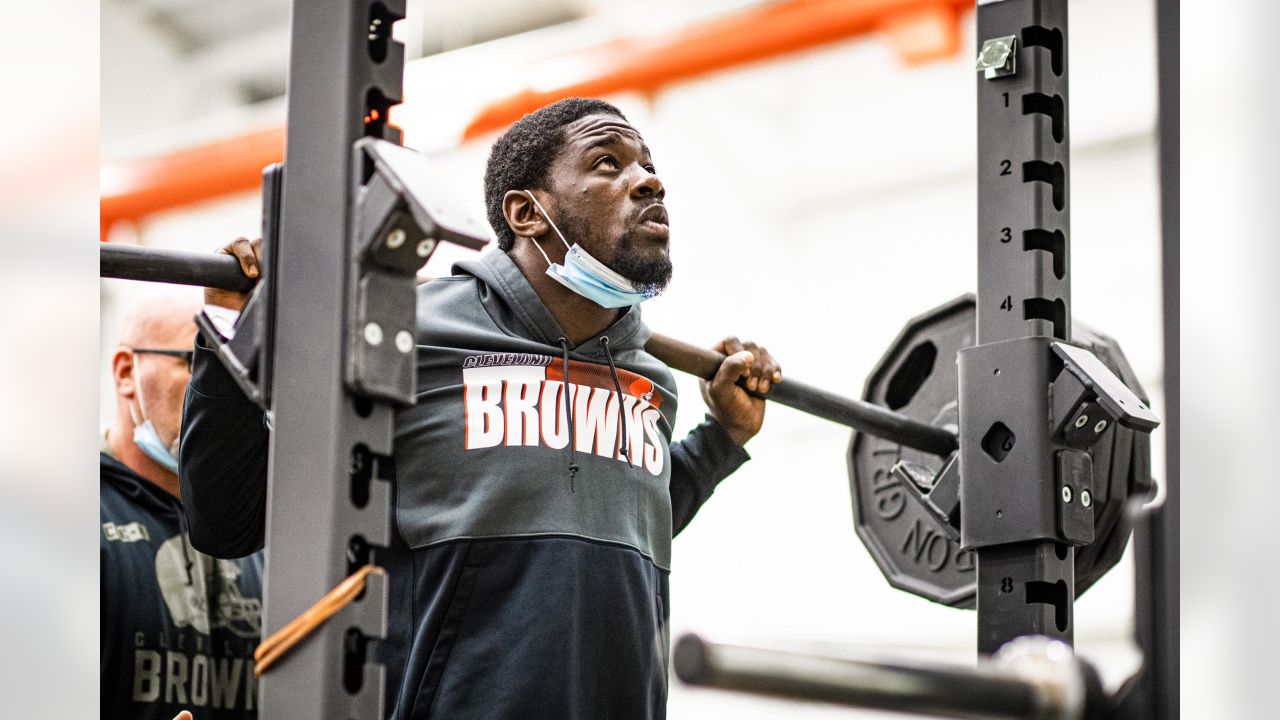 Cleveland Browns safety Richard LeCounte III runs a drill during an NFL  football rookie minicamp at the team's training camp facility, Friday, May  14, 2021, in Berea, Ohio. (AP Photo/Tony Dejak Stock