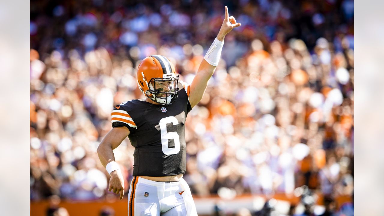 Cleveland Browns quarterback Baker Mayfield (6) calls a play in the first  quarter of an NFL football game against the Miami Dolphins, Sunday, Nov.  24, 2019, in Cleveland. The Browns won 41-24. (