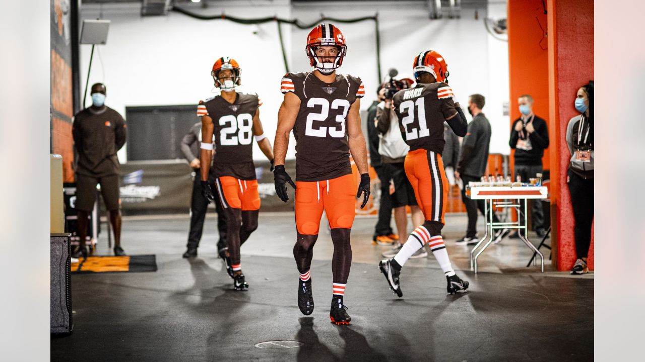 Cleveland Browns defensive backs Ronnie Harrison Jr. and Sheldrick Redwine  vs. Indianapolis Colts, October 11, 2020 