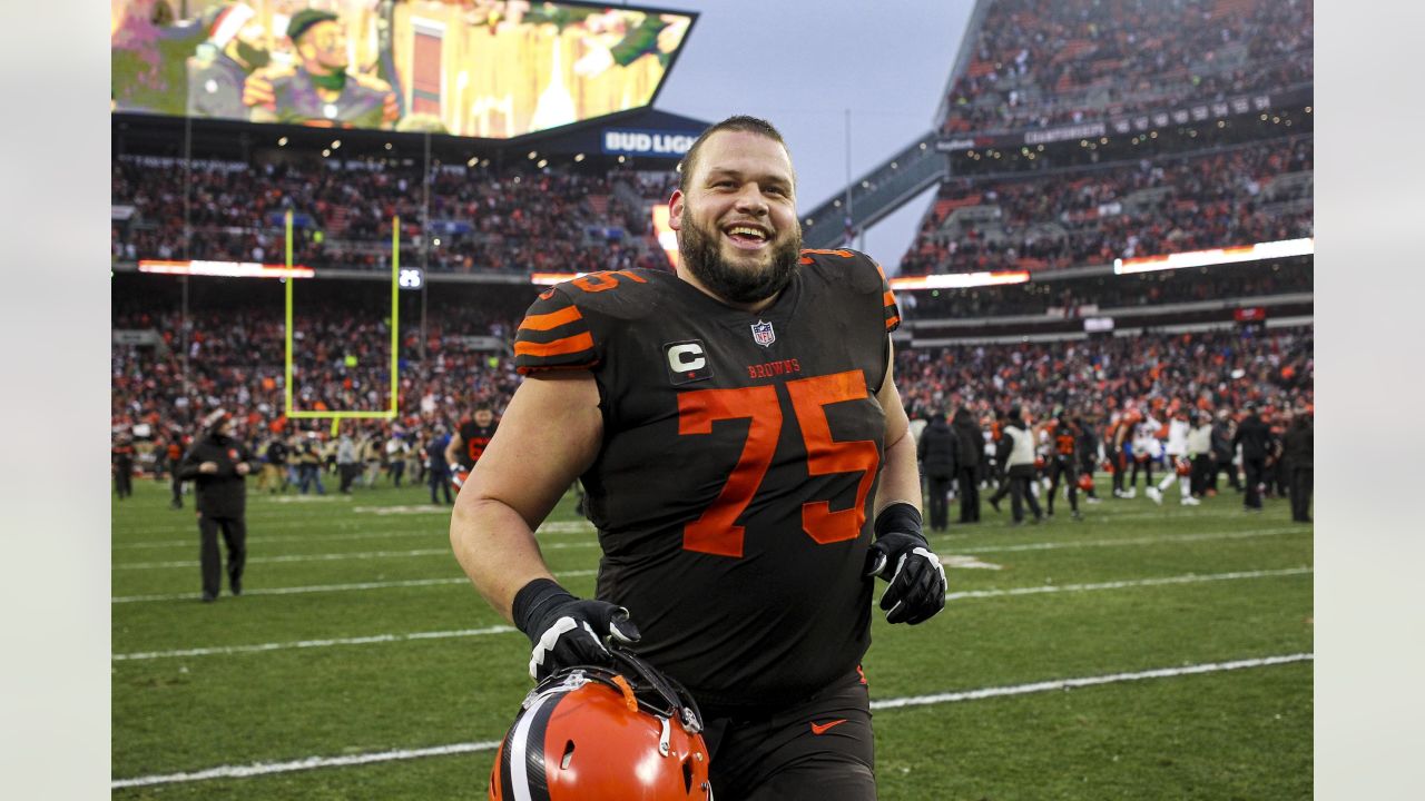 FILE - In this Sunday, Nov. 11, 2018 file photo, Cleveland Browns offensive  tackle Joel Bitonio celebrates after the Browns defeated the Atlanta  Falcons 28-16 in an NFL football game in Cleveland.