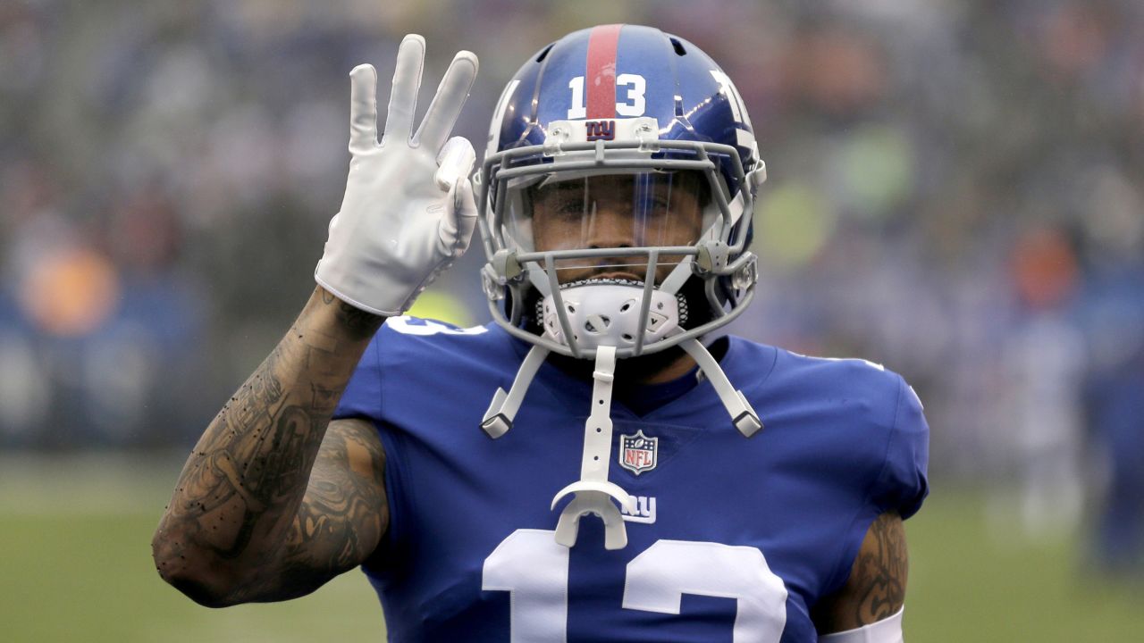 East Rutherford, New Jersey, USA. 20th Sep, 2015. Giants wide receiver Odell  Beckham, Jr (13) on the sideline at end of the first half during NFL action  between the Atlanta Falcons and