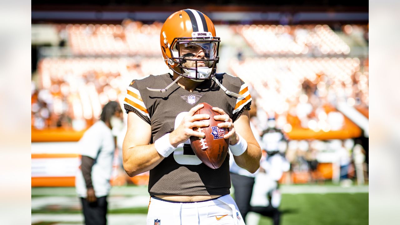 Cleveland Browns quarterback Baker Mayfield (6) calls a play in the first  quarter of an NFL football game against the Miami Dolphins, Sunday, Nov.  24, 2019, in Cleveland. The Browns won 41-24. (