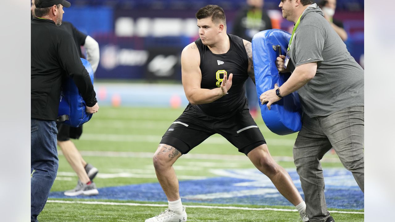 Dawson Deaton #OL08 of the Texas Tech runs a drill during the NFL News  Photo - Getty Images