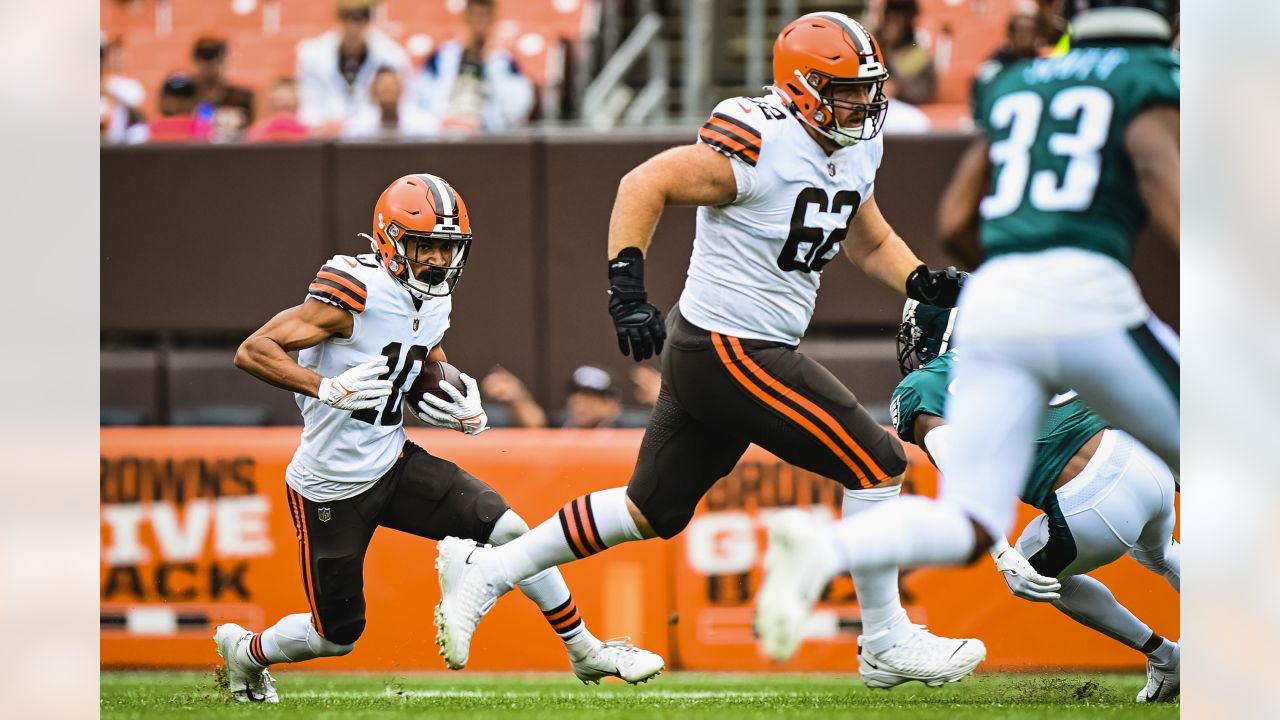 Philadelphia Eagles guard Julian Good-Jones (77) and center Cameron Tom  (67) talk before an NFL pre-season football game against the Cleveland  Browns, Thursday, Aug. 17, 2023, in Philadelphia. (AP Photo/Rich Schultz  Stock