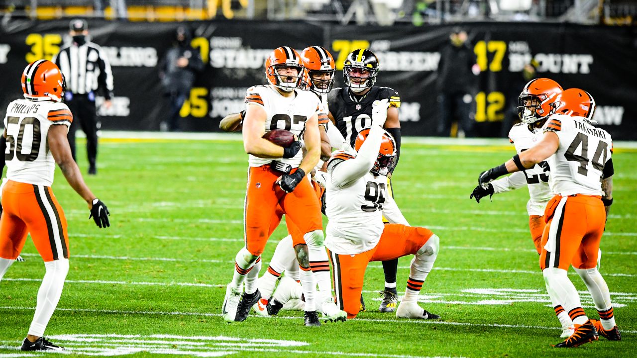 Pittsbugh, United States. 10th Jan, 2021. Cleveland Browns cornerback M.J.  Stewart (36 celebrates his interception in the first quarter of the NFL  Wild Card Playoff against the Pittsburgh Steelers at Heinz Field