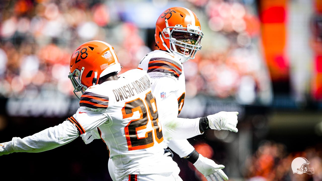 Myles Garrett Cleveland Browns Unsigned Celebrates A Sack in White Jersey Photograph