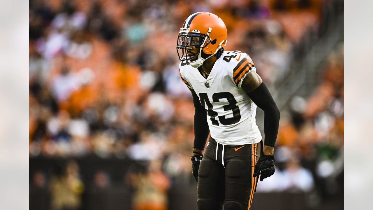 Cleveland Browns safety D'Anthony Bell (37) celebrates during an NFL  preseason football game against the Chicago Bears, Saturday, Aug. 27, 2022,  in Cleveland. The Bears won 21-20. (AP Photo/David Richard Stock Photo -  Alamy