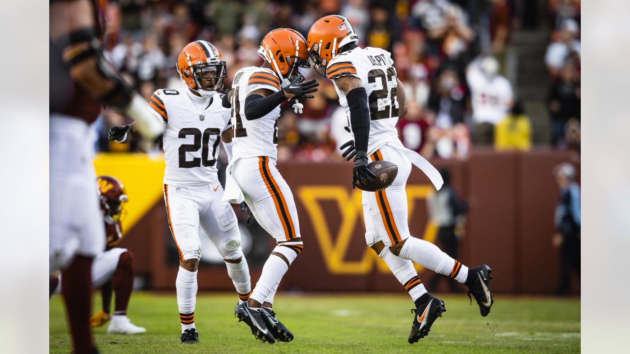 Cleveland Browns safety Grant Delpit (22) prior to an NFL football game  against the Minnesota Vikings, Sunday, Oct. 3, 2021 in Minneapolis.  Cleveland won 14-7. (AP Photo/Stacy Bengs Stock Photo - Alamy