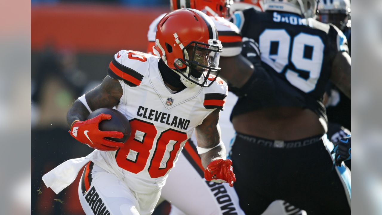 Carolina Panthers running back Christian McCaffrey, left, and Cleveland  Browns wide receiver Jarvis Landry exchange jerseys after an NFL football  game, Sunday, Dec. 9, 2018, in Cleveland. (AP Photo/Ron Schwane Stock Photo  