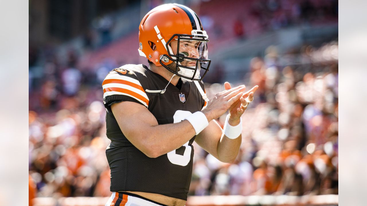 Cleveland Browns quarterback Baker Mayfield (6) calls a play in the first  quarter of an NFL football game against the Miami Dolphins, Sunday, Nov.  24, 2019, in Cleveland. The Browns won 41-24. (