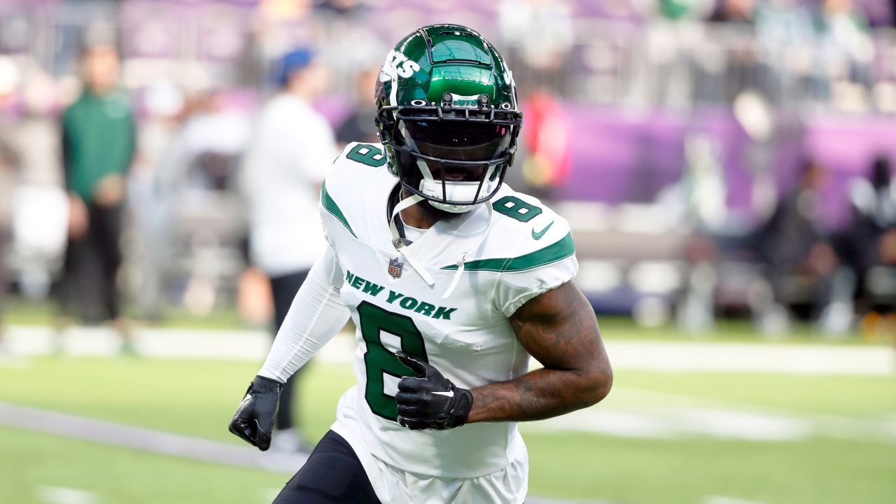 PHILADELPHIA, PA - AUGUST 12: New York Jets wide receiver Elijah Moore (8)  warms up during pre-season game between the New York Jets and the  Philadelphia Eagles on August 12, 2022 at