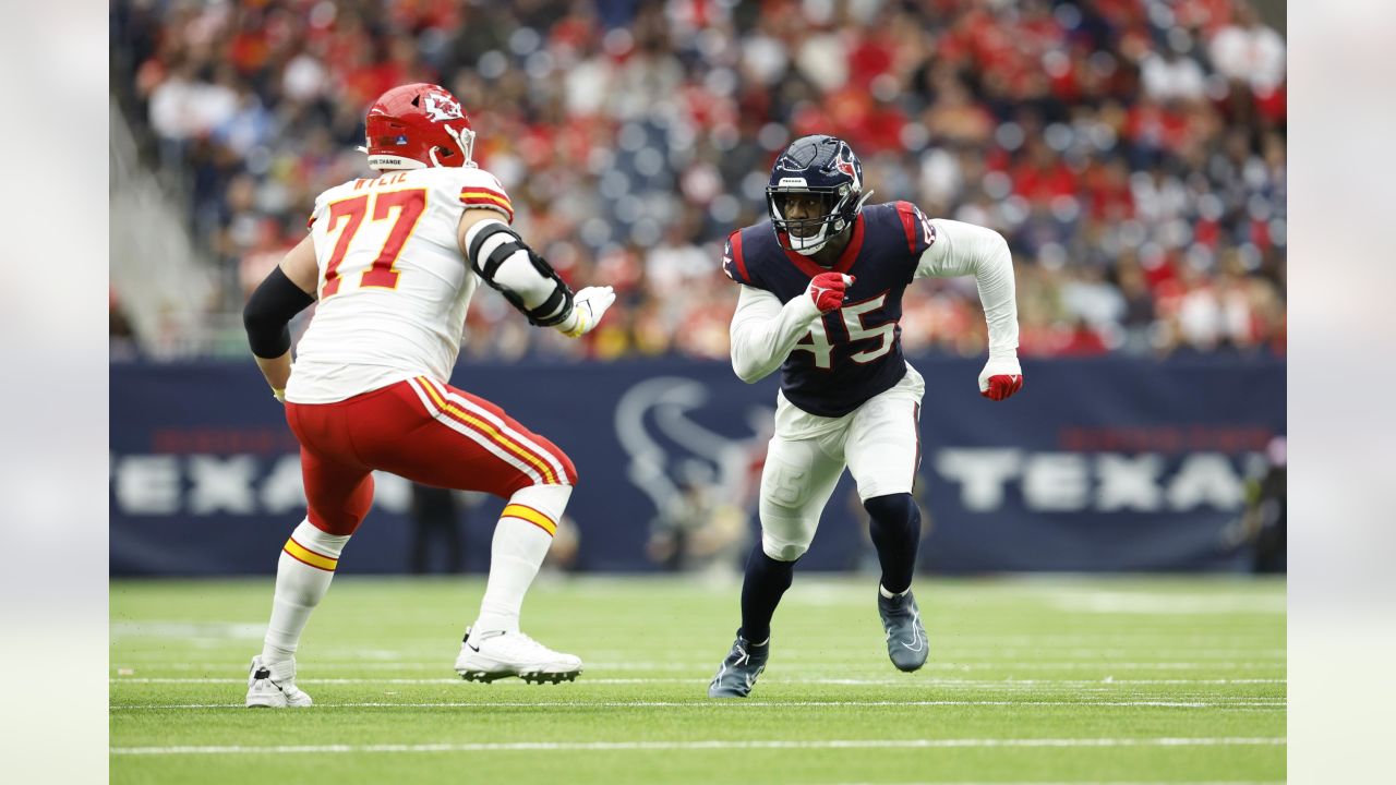 Cleveland Browns defensive end Ogbo Okoronkwo (54) rushes against Kansas  City Chiefs offensive tackle Prince Tega Wanogho (76) during an NFL  preseason football game Saturday, Aug. 26, 2023, in Kansas City, Mo. (