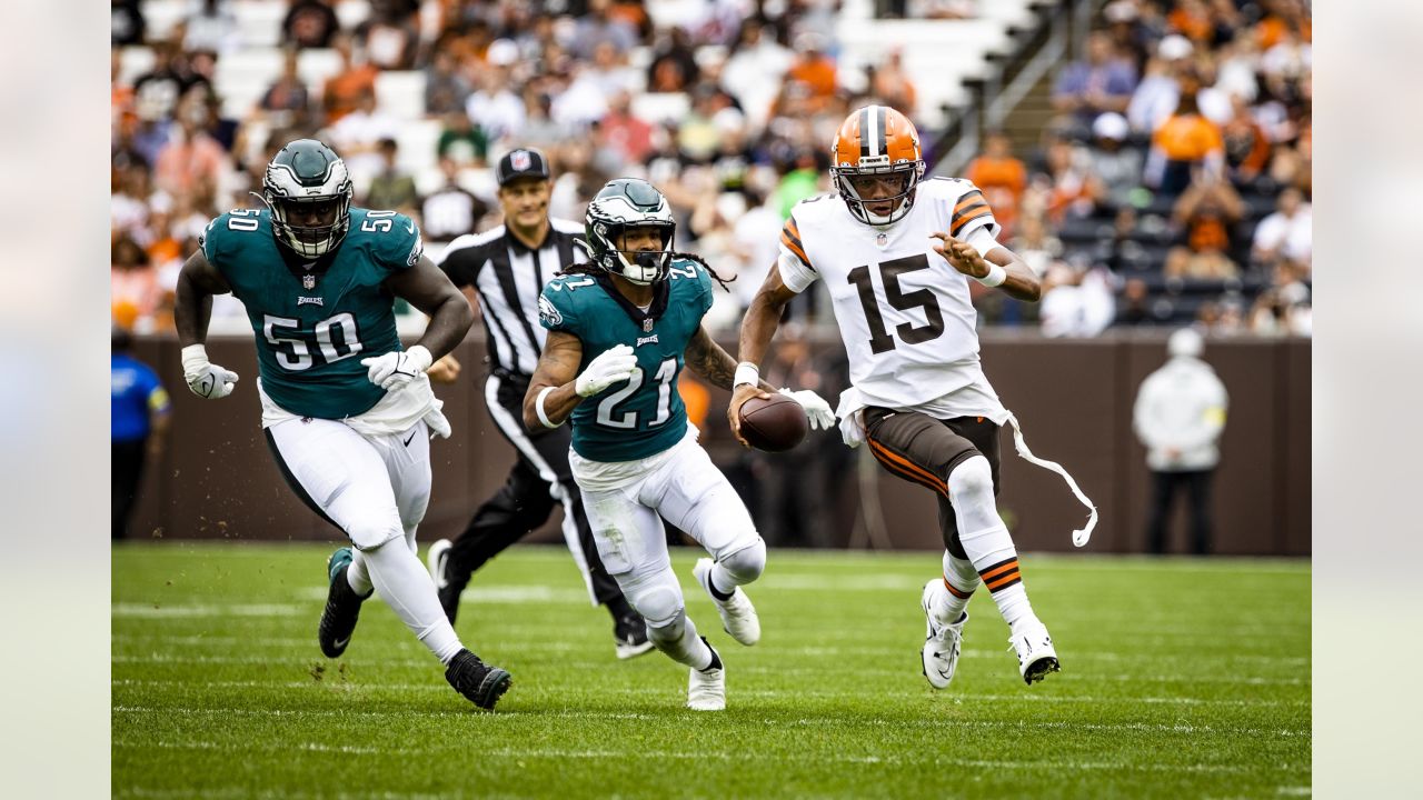 Cleveland Browns offensive tackle James Hudson III (66) looks to block  Philadelphia Eagles defensive end Matt