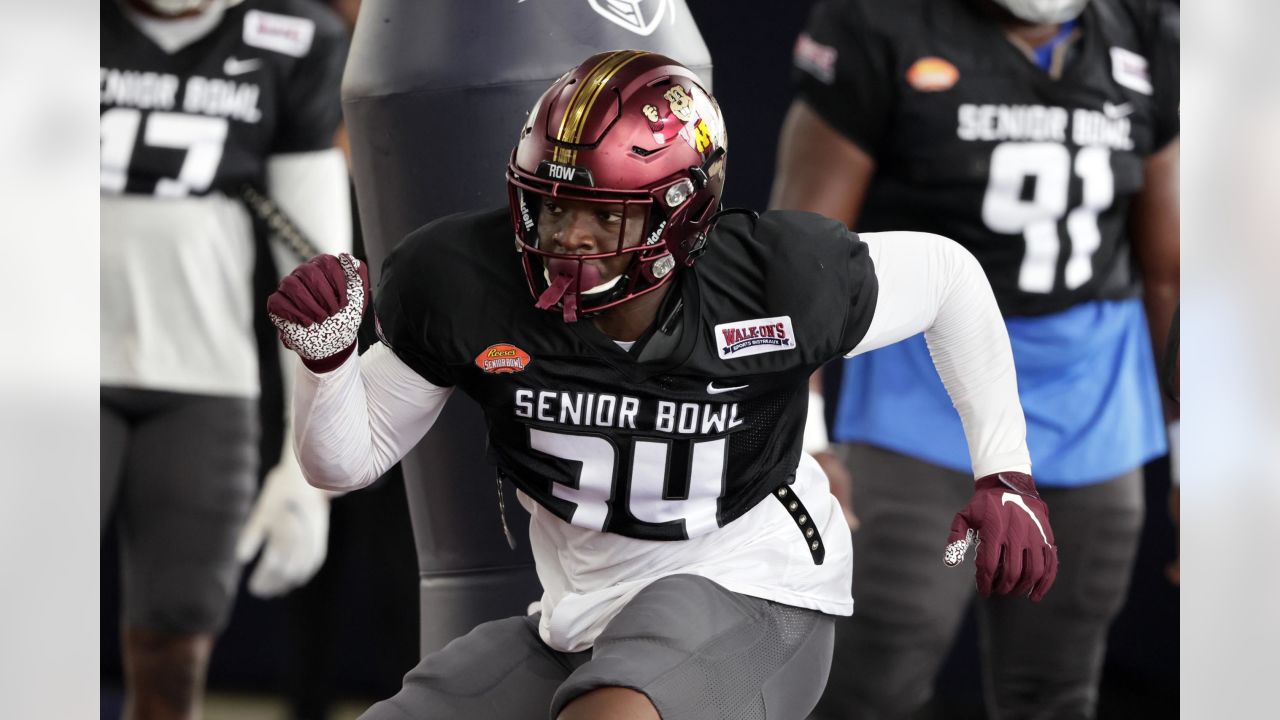 National Team wide receiver Christian Watson of North Dakota State (1) runs  through drills during practice for the Senior Bowl NCAA college football  game Thursday, Feb. 3, 2022, in Mobile, Ala. (AP