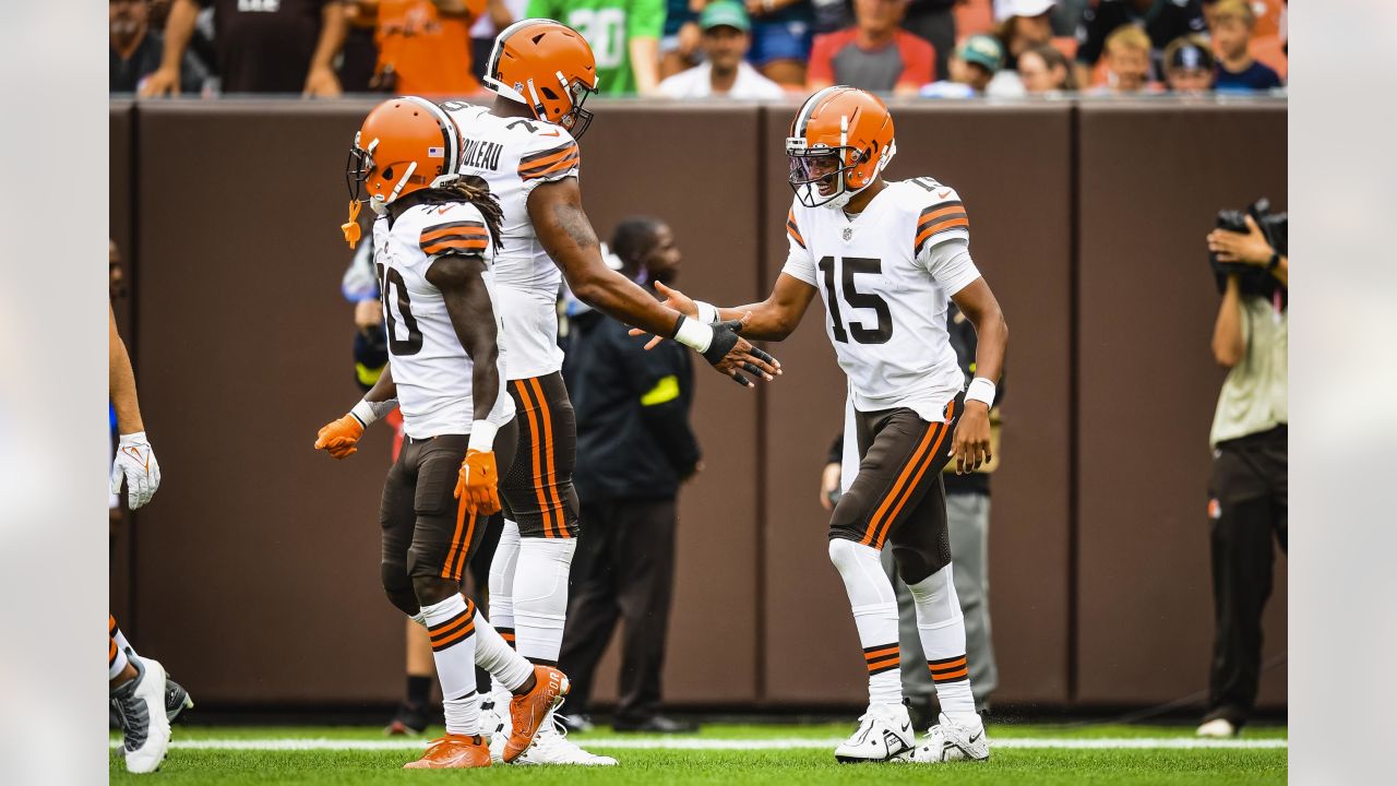 Philadelphia Eagles guard Julian Good-Jones (77) and center Cameron Tom  (67) talk before an NFL pre-season football game against the Cleveland  Browns, Thursday, Aug. 17, 2023, in Philadelphia. (AP Photo/Rich Schultz  Stock