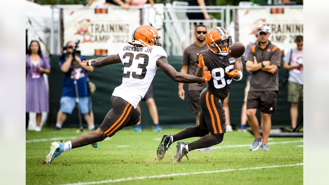 Cleveland Browns wide receiver Travell Harris (83) walks off the field at  the end of an NFL preseason football game against the Jacksonville Jaguars,  Friday, Aug. 12, 2022, in Jacksonville, Fla. The