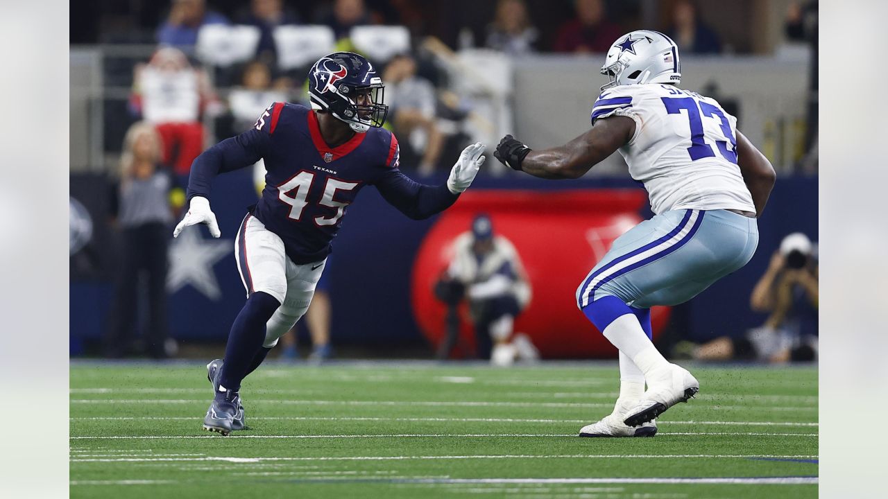 Cleveland Browns defensive end Ogbo Okoronkwo (54) rushes against Kansas  City Chiefs offensive tackle Prince Tega Wanogho (76) during an NFL  preseason football game Saturday, Aug. 26, 2023, in Kansas City, Mo. (