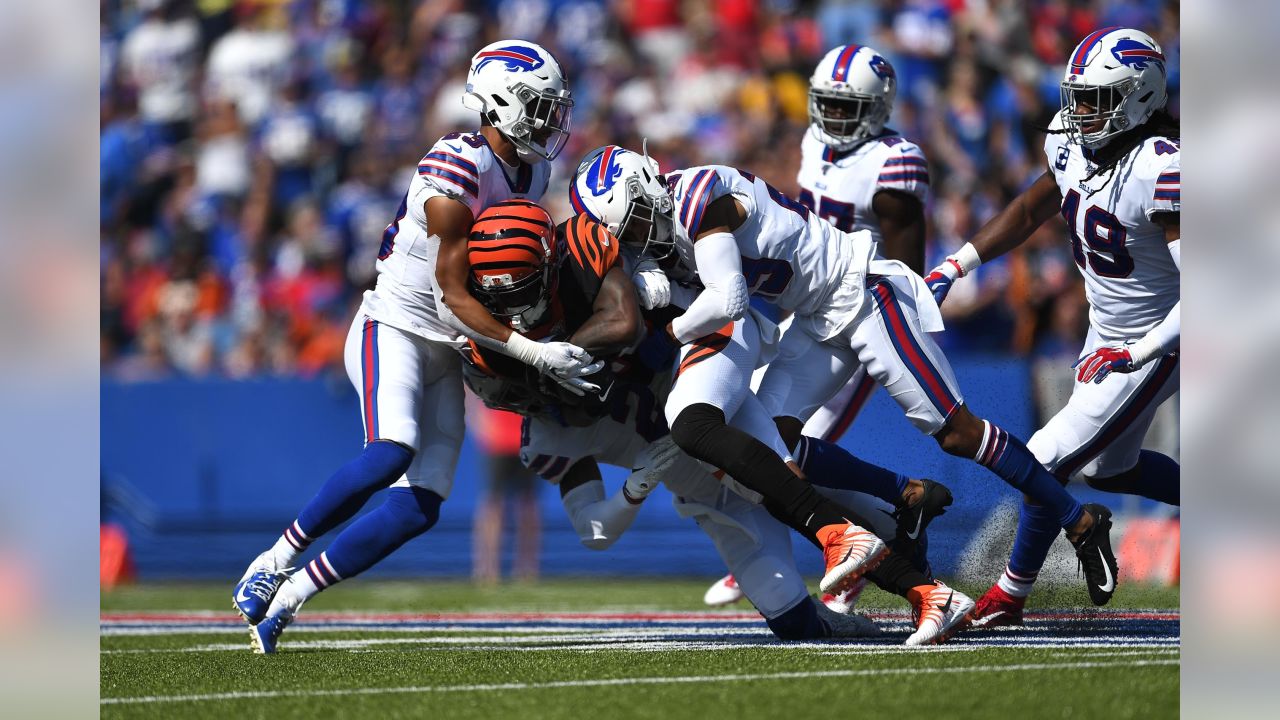 Buffalo Bills defensive end Mike Love walks off the field after a preseason  NFL football game against the Denver Broncos in Orchard Park, N.Y.,  Saturday, Aug. 20, 2022. (AP Photo/Adrian Kraus Stock