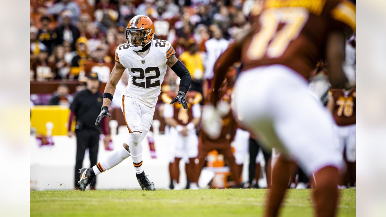 Cleveland Browns safety Grant Delpit (22) prior to an NFL football game  against the Minnesota Vikings, Sunday, Oct. 3, 2021 in Minneapolis.  Cleveland won 14-7. (AP Photo/Stacy Bengs Stock Photo - Alamy