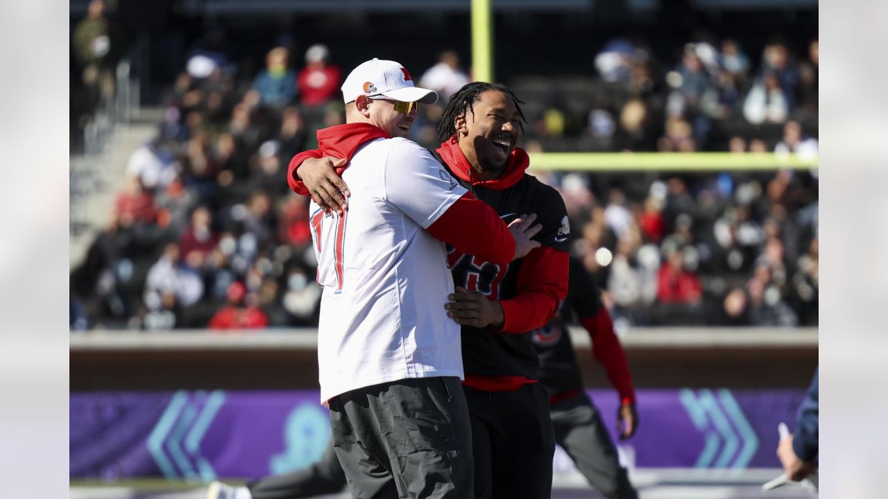 AFC running back Nick Chubb of the Cleveland Browns competes in the  Dodgeball Event at the 2022 Pro Bowl Skills Showdown, Wednesday, February  2, 2022, in Las Vegas. The event will be