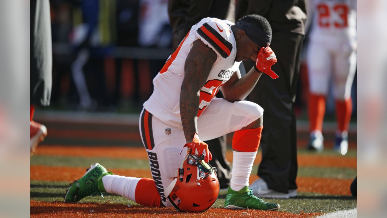 Carolina Panthers running back Christian McCaffrey, left, and Cleveland  Browns wide receiver Jarvis Landry exchange jerseys after an NFL football  game, Sunday, Dec. 9, 2018, in Cleveland. (AP Photo/Ron Schwane Stock Photo  