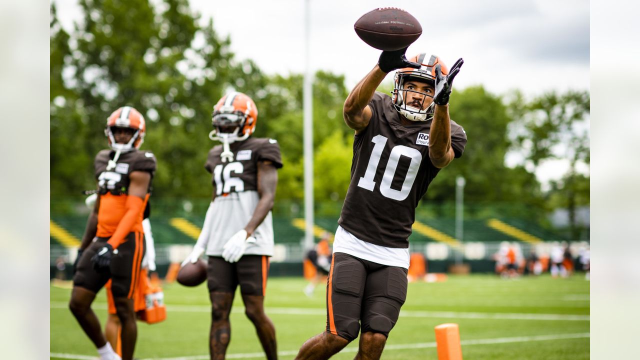 Cleveland Browns wide receiver Travell Harris (83) walks off the field at  the end of an NFL preseason football game against the Jacksonville Jaguars,  Friday, Aug. 12, 2022, in Jacksonville, Fla. The