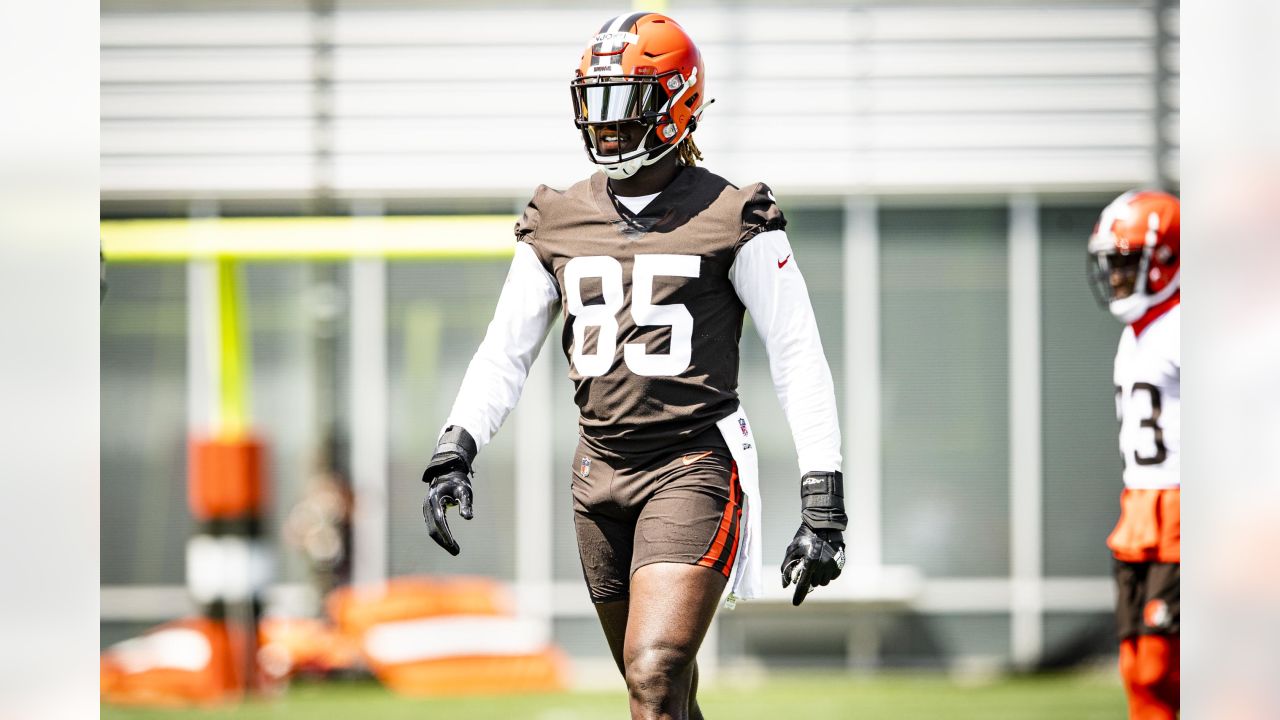 Cleveland Browns tight end David Njoku (85) walks off of the field at  halftime during an NFL pre-season football game against the Washington  Commanders, Friday, Aug. 11, 2023, in Cleveland. (AP Photo/Kirk