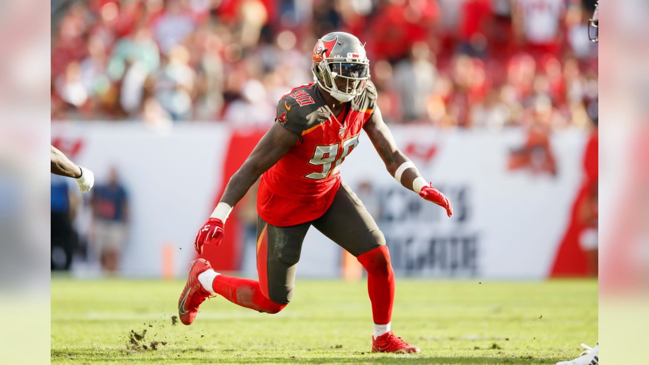 Tampa Bay Buccaneers outside linebacker Jason Pierre-Paul (90) celebrates a  turnover during a NFL divisional playoff football game against the Los  Angeles Rams, Sunday, January 23, 2022 in Tampa, Fla. (AP Photo/Alex