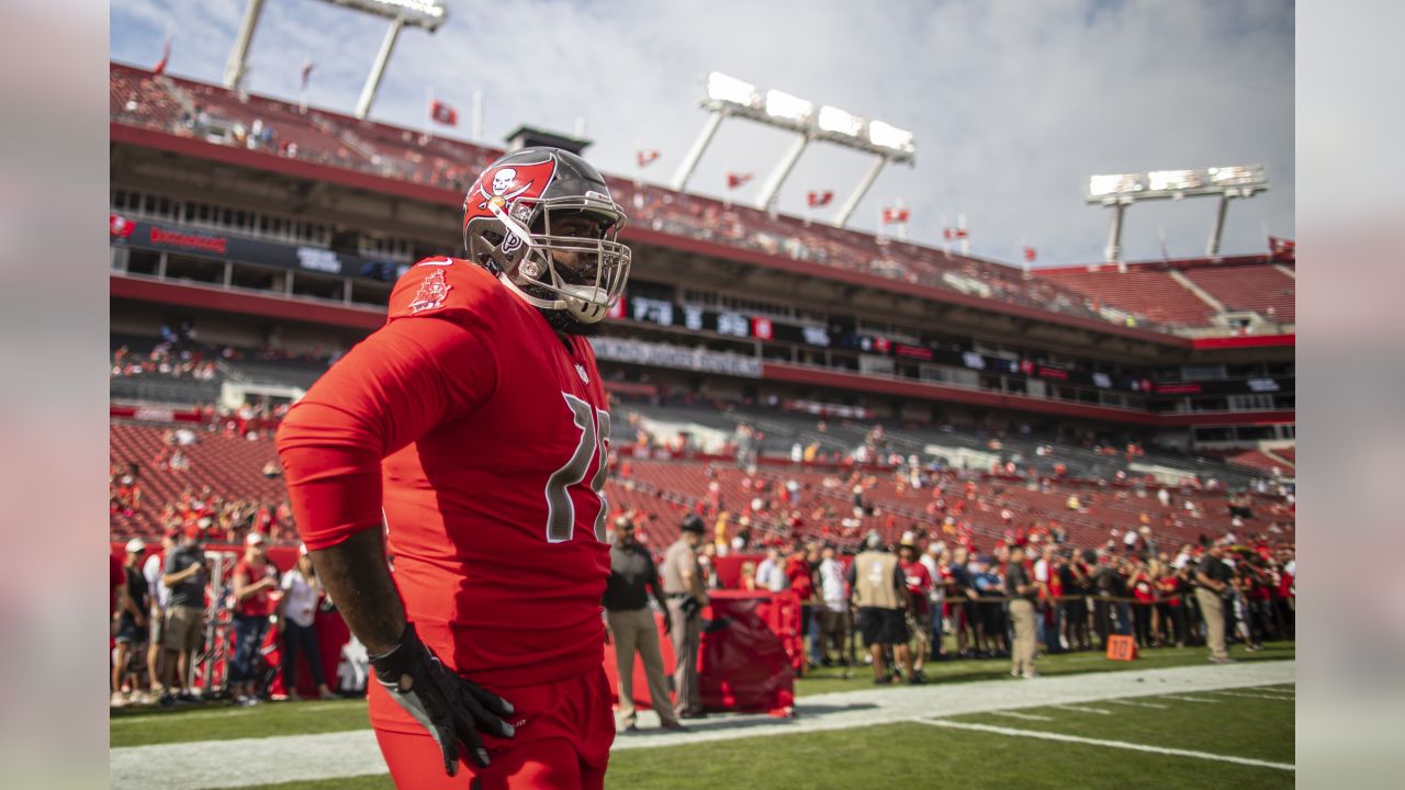 August 16, 2019: Tampa Bay Buccaneers offensive tackle Donovan Smith (76)  before the NFL preseason game between the Miami Dolphins and the Tampa Bay  Buccaneers held at Raymond James Stadium in Tampa