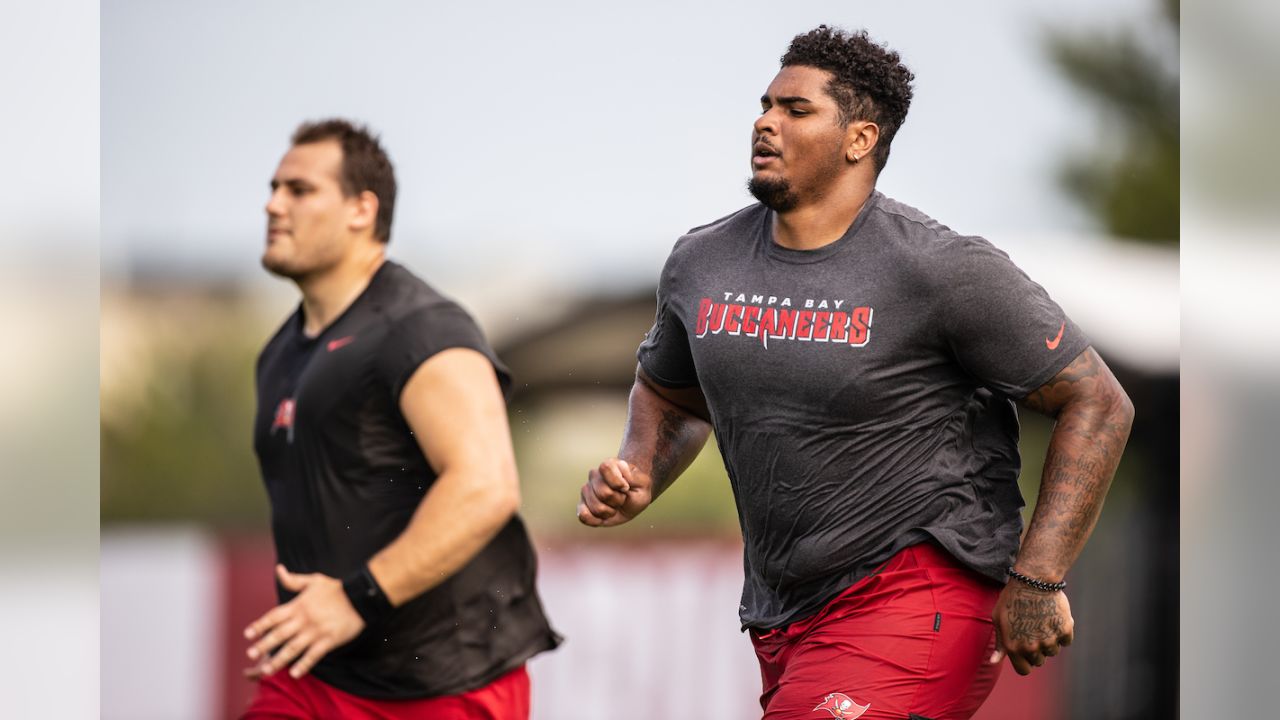 Tampa Bay Buccaneers rookie Tristan Wirfs prepares to block for Tom Brady