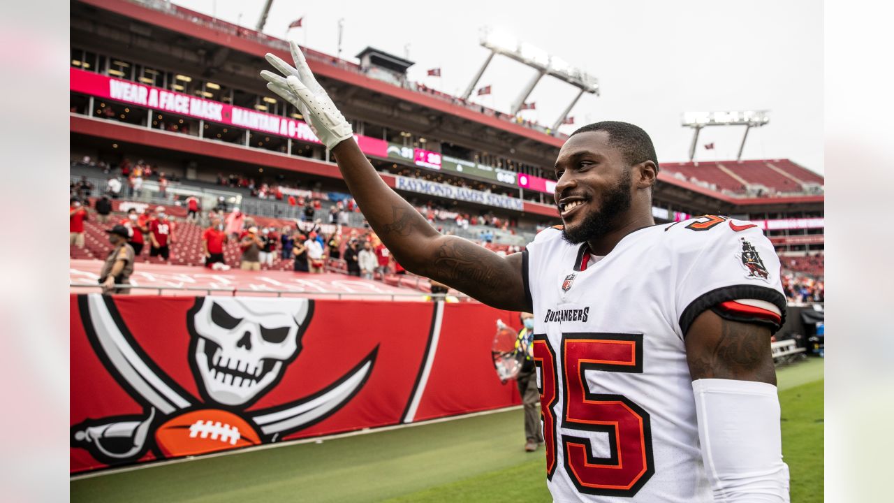 Tampa Bay Buccaneers cornerback Jamel Dean (35) walks off the field at  halftime during an NFL football game against the Seattle Seahawks at  Allianz Arena in Munich, Germany, Sunday, Nov. 13, 2022.