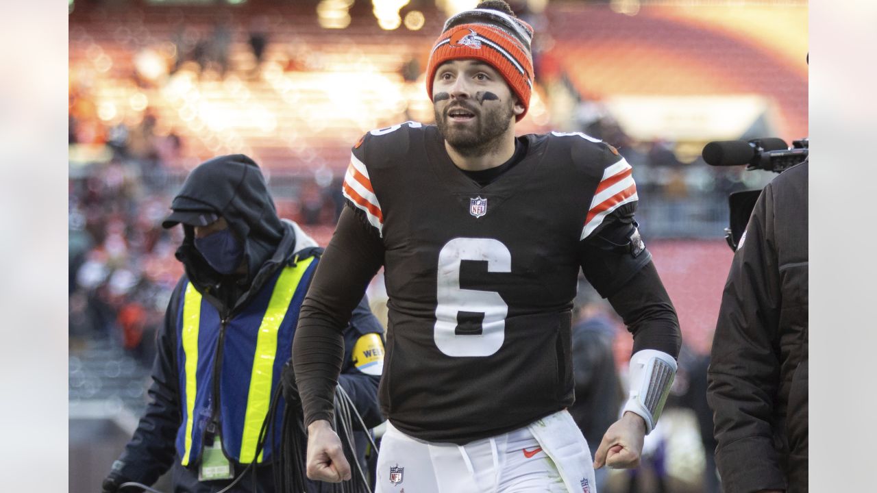 FILE - In this Nov. 24, 2019, file photo, Cleveland Browns quarterback  Baker Mayfield (6) looks to pass in the first quarter of an NFL football  game against the Miami Dolphins in