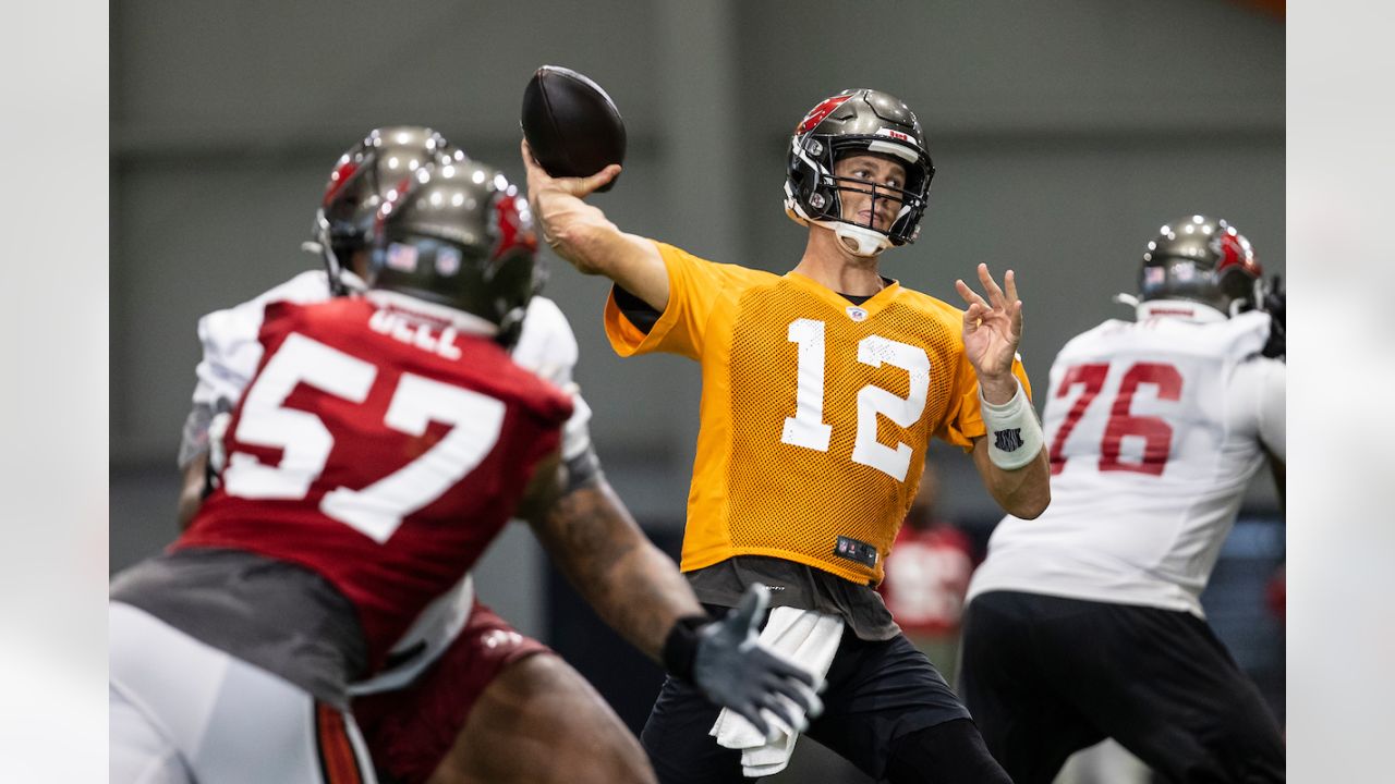 Tampa Bay Buccaneers quarterback Tom Brady (12) wears a Salute to Service  sticker during an NFL football game against the Los Angeles Rams, Sunday,  Nov. 6, 2022 in Tampa, Fla. The Buccaneers