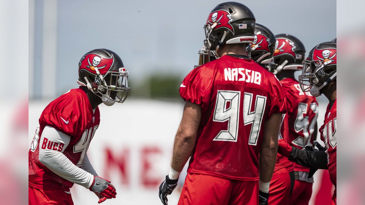 Tampa Bay Buccaneers linebacker Carl Nassib (94) stands on the field prior  to the start of