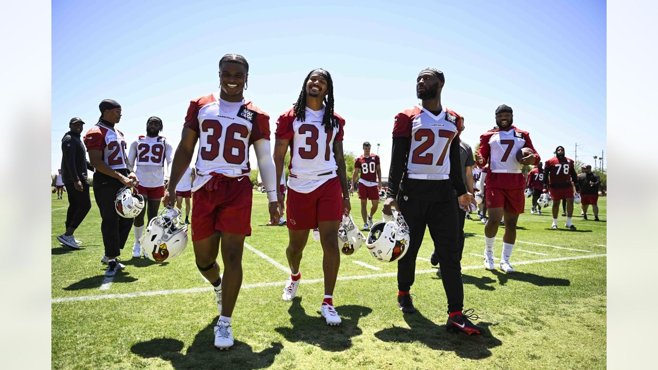 Arizona Cardinals defensive JuJu Hughes (36), Kris Boyd (29) and