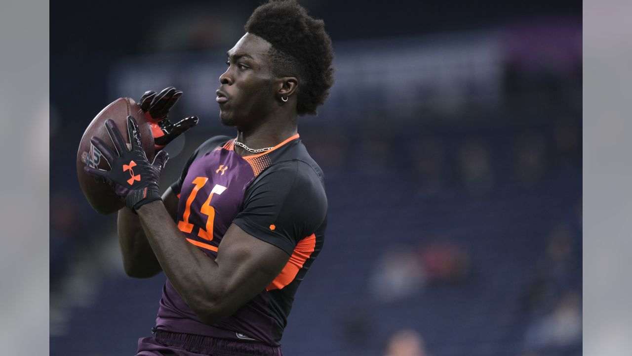 Mississippi wide receiver D.K. Metcalf runs a drill at the NFL