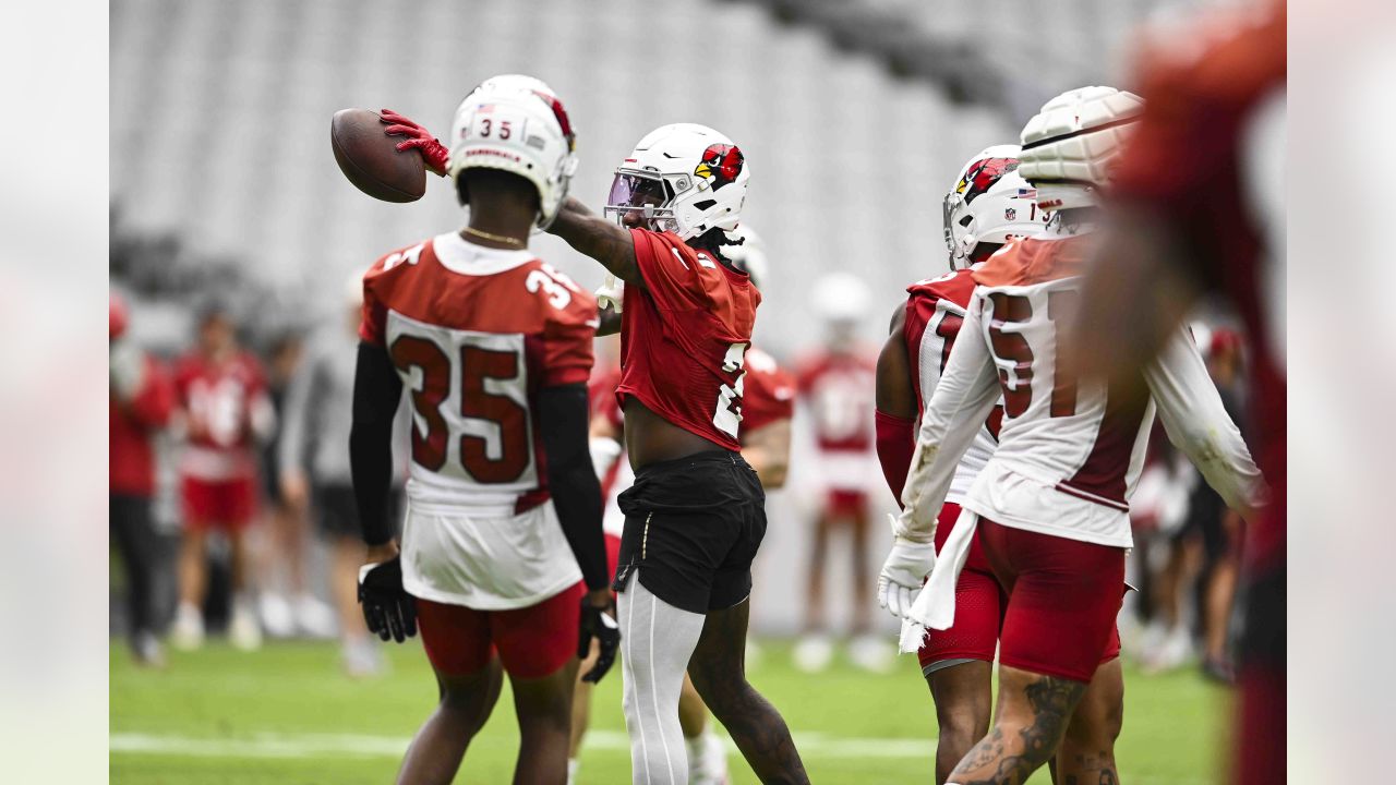 Arizona Cardinals wide reciever Brandon Smith gets past a block during an  NFL football training camp practice at State Farm Stadium Thursday, July  27, 2023, in Glendale, Ariz. (AP Photo/Ross D. Franklin