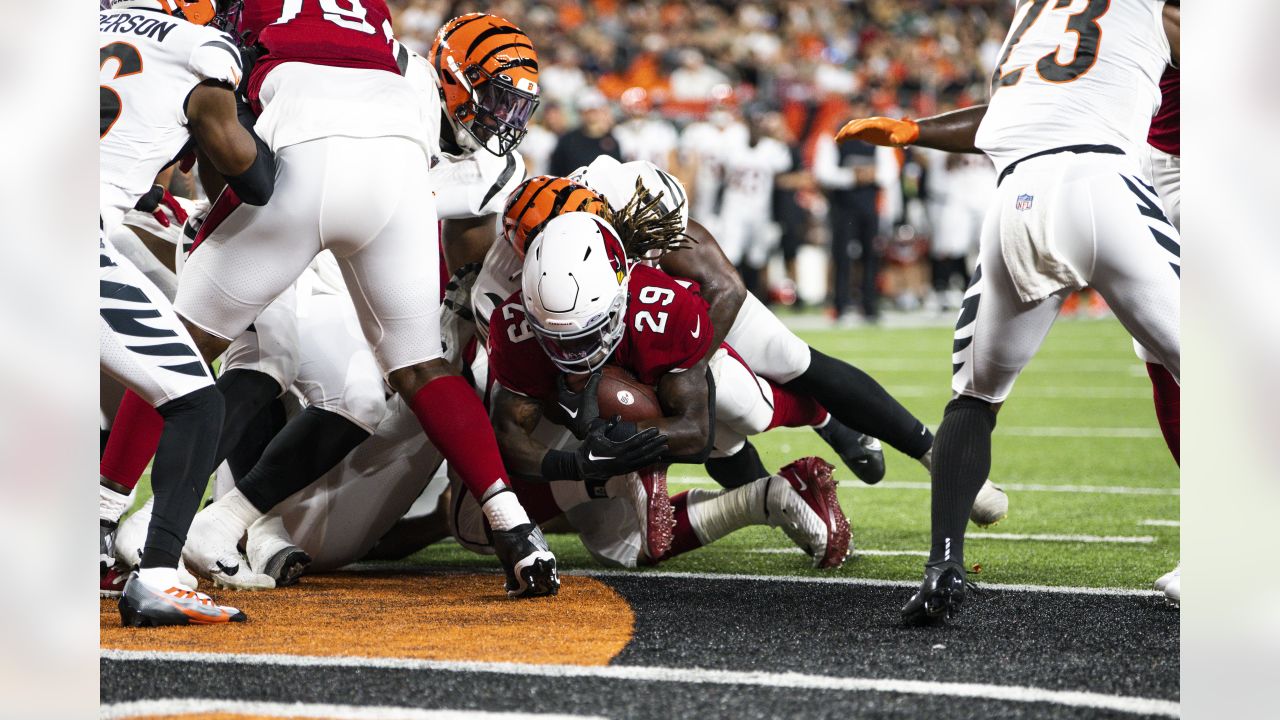 Arizona Cardinals defensive tackle Leki Fotu (95) looks up at a replay  during an NFL football game against the Cincinnati Bengals, Friday, Aug.  12, 2022, in Cincinnati. (AP Photo/Zach Bolinger Stock Photo - Alamy