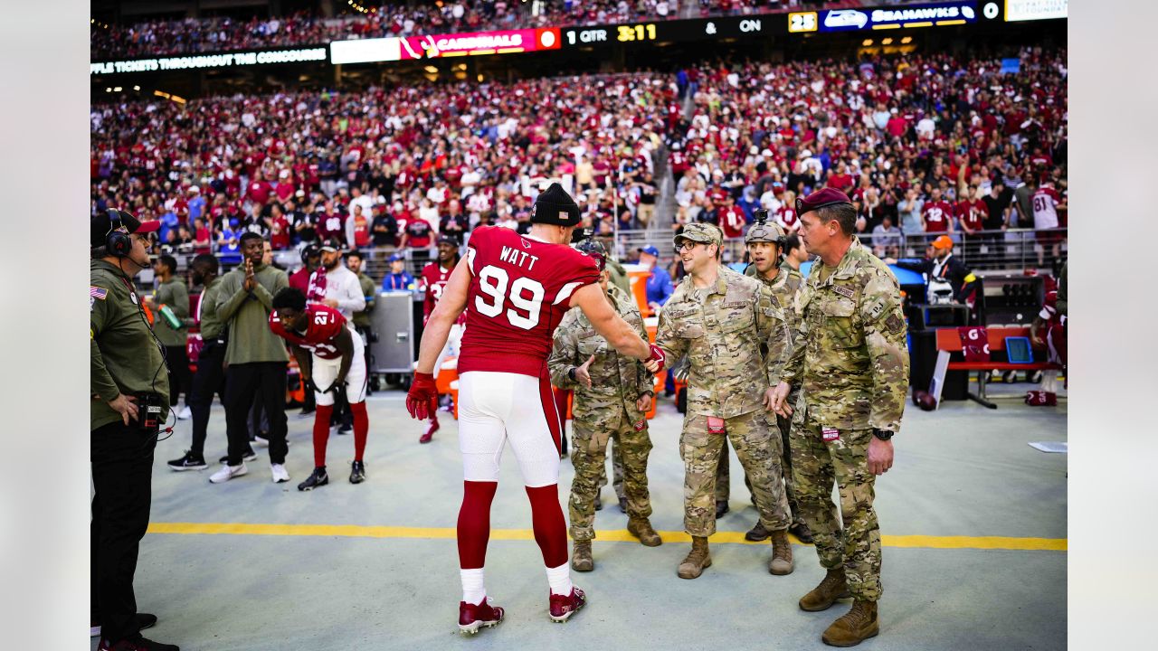 November 13, 2022 Inglewood, CA.Arizona Cardinals defensive end J.J. Watt  #99 in action as Los Angeles Rams offensive tackle Ty Nsekhe #68 looks to  block in the first quarter during the NFL