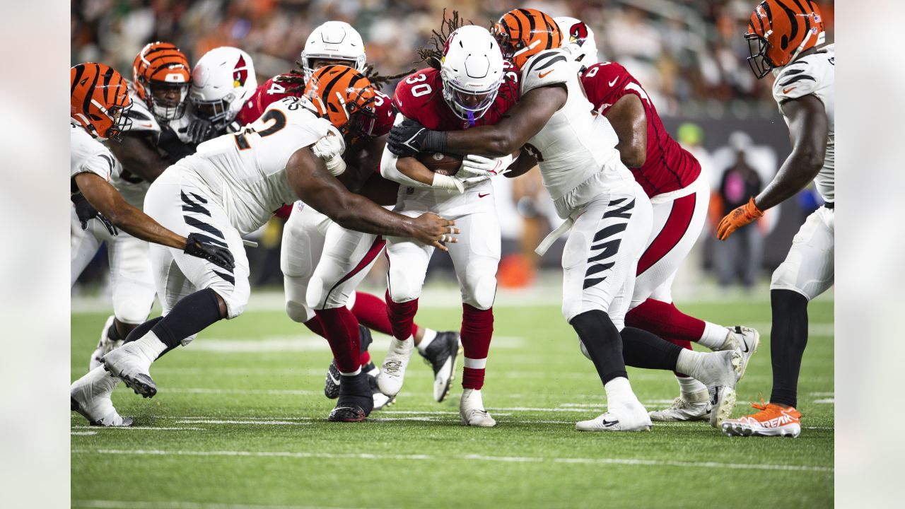 Arizona Cardinals defensive tackle Leki Fotu (95) looks up at a replay  during an NFL football game against the Cincinnati Bengals, Friday, Aug.  12, 2022, in Cincinnati. (AP Photo/Zach Bolinger Stock Photo - Alamy