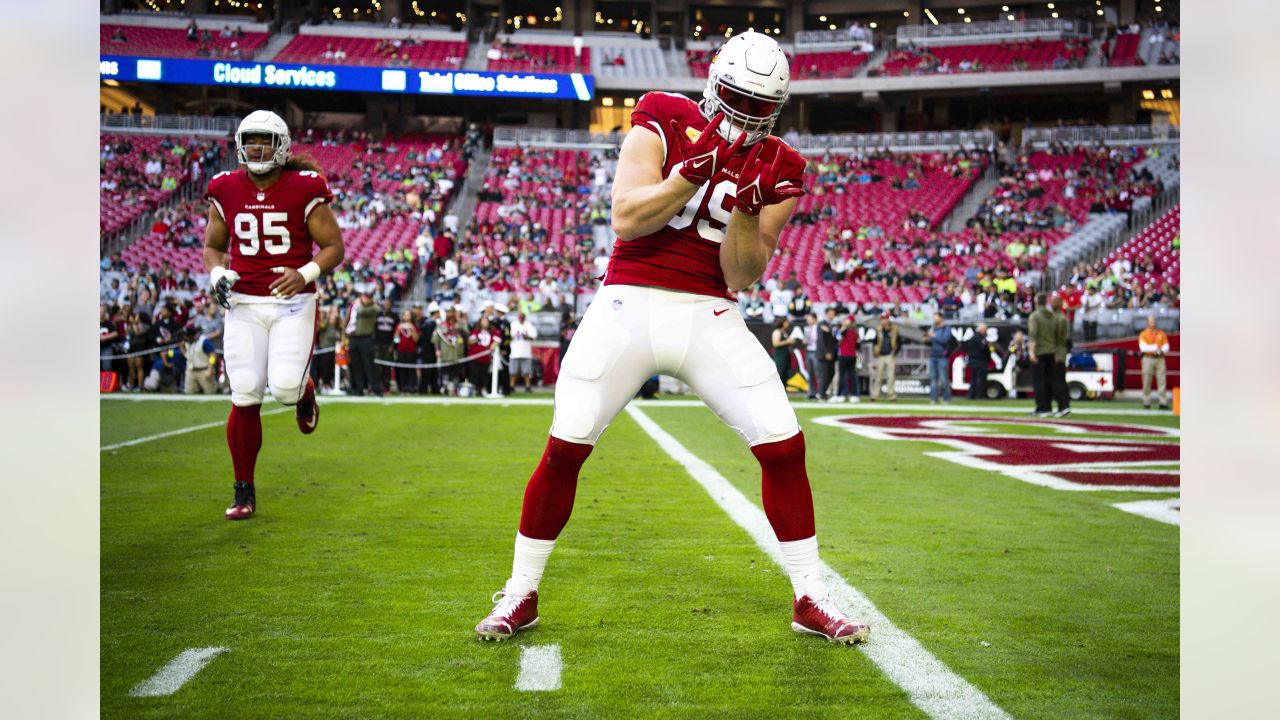 Arizona Cardinals defensive end J.J. Watt (99) in his three point stance  against the Tennessee Titans during the second half of an NFL football  game, Sunday, Sep. 12, 2021, in Nashville, Tenn. (