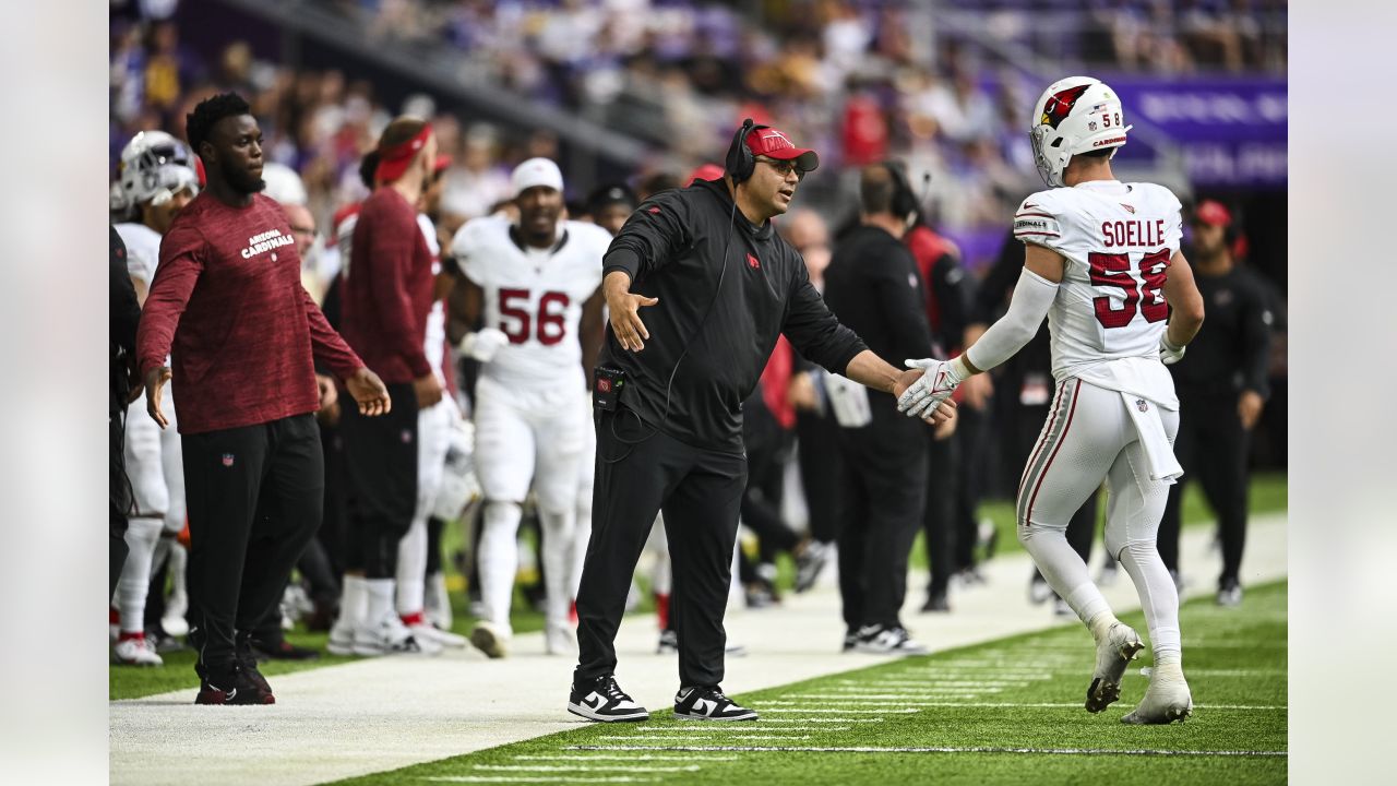 Arizona Cardinals wide receiver Davion Davis (10) runs down the field  during the first half of an NFL preseason football game against the  Minnesota Vikings, Saturday, Aug. 26, 2023, in Minneapolis. (AP