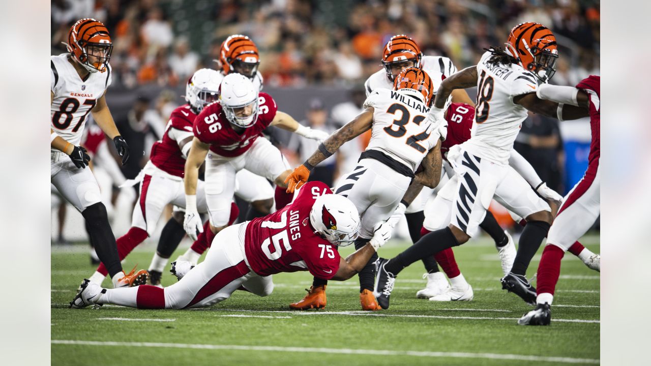 Arizona Cardinals defensive tackle Leki Fotu (95) looks up at a replay  during an NFL football game against the Cincinnati Bengals, Friday, Aug.  12, 2022, in Cincinnati. (AP Photo/Zach Bolinger Stock Photo - Alamy