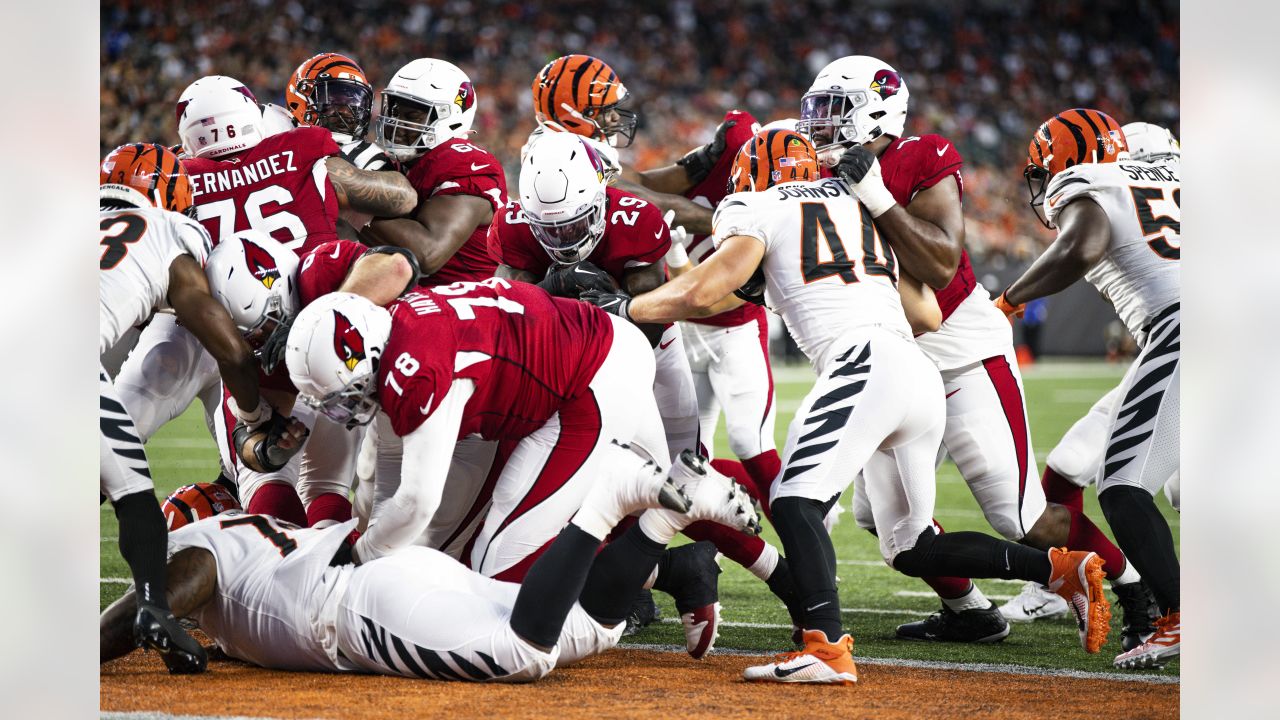 Arizona Cardinals defensive tackle Leki Fotu (95) looks up at a replay  during an NFL football game against the Cincinnati Bengals, Friday, Aug.  12, 2022, in Cincinnati. (AP Photo/Zach Bolinger Stock Photo - Alamy