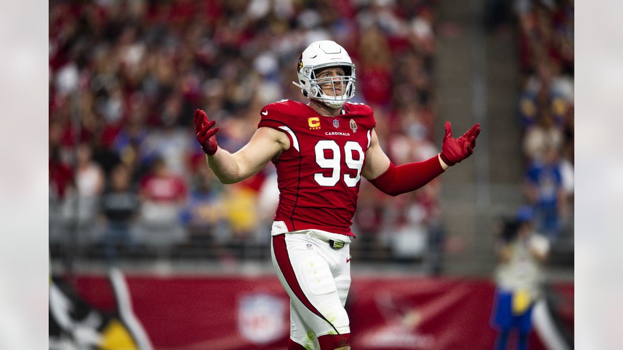 Arizona Cardinals defensive end J.J. Watt (99) in his three point stance  against the Tennessee Titans during the second half of an NFL football  game, Sunday, Sep. 12, 2021, in Nashville, Tenn. (